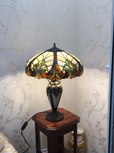 Настольная лампа Тиффани 815-804-03 Velante разноцветная 2 лампы, основание коричневое металл в стиле тиффани орнамент цветы фото 7